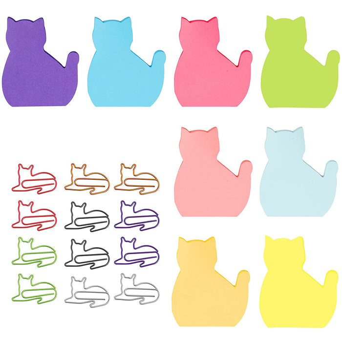 8 Pack Cat Sticky Notes with 12 Cat Paper Clips | Cute Stationery