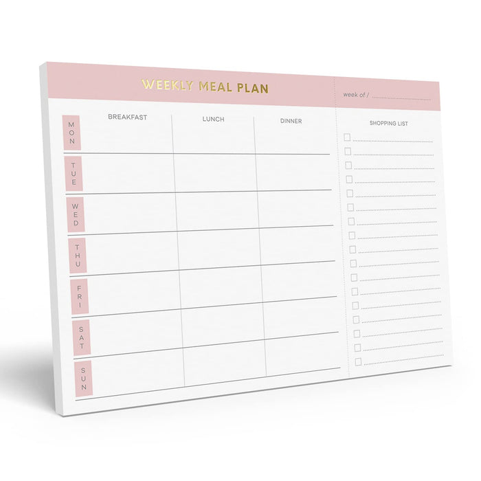 Magnetic Weekly Meal Planner | Fridge Notepad with Tear-Off Grocery List | Pink & Gold