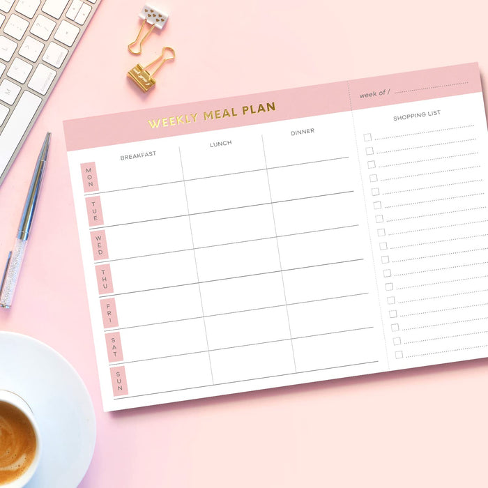 Magnetic Weekly Meal Planner | Fridge Notepad with Tear-Off Grocery List | Pink & Gold