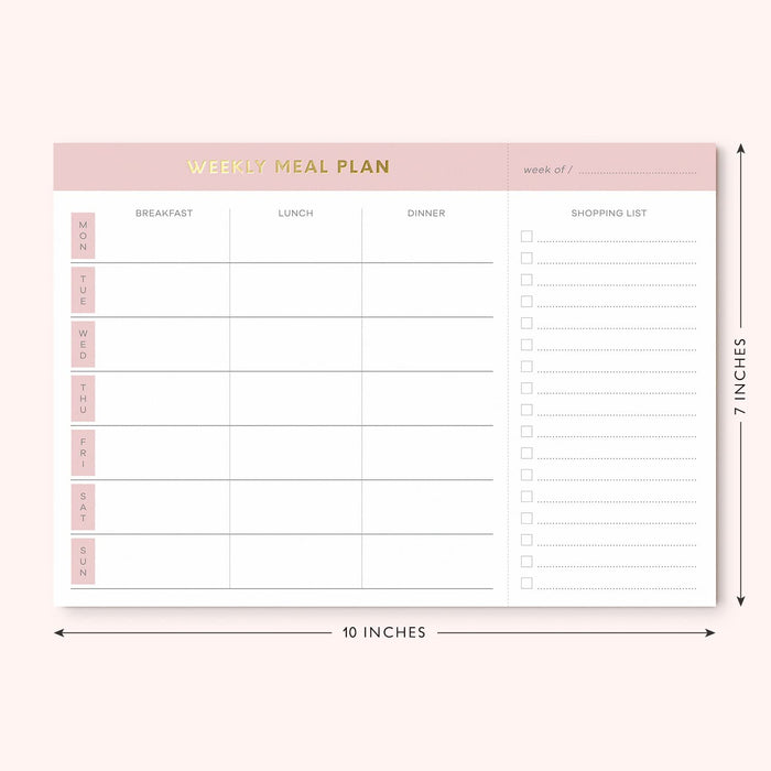 Magnetic Weekly Meal Planner | Fridge Notepad with Tear-Off Grocery List | Pink & Gold