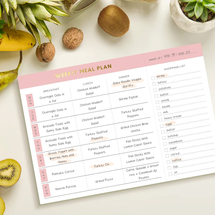 Magnetic Weekly Meal Planner | Fridge Notepad with Tear-Off Grocery List | Pink & Gold