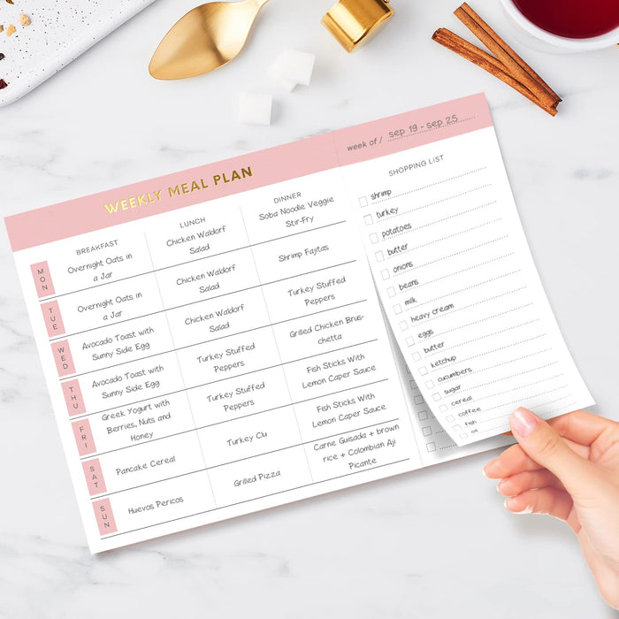 Magnetic Weekly Meal Planner | Fridge Notepad with Tear-Off Grocery List | Pink & Gold