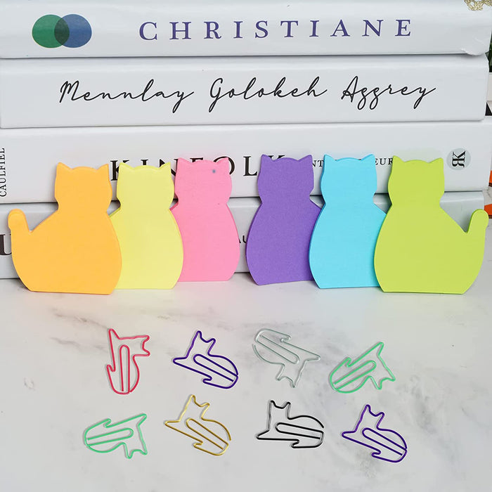 8 Pack Cat Sticky Notes with 12 Cat Paper Clips | Cute Stationery