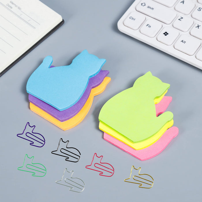 8 Pack Cat Sticky Notes with 12 Cat Paper Clips | Cute Stationery