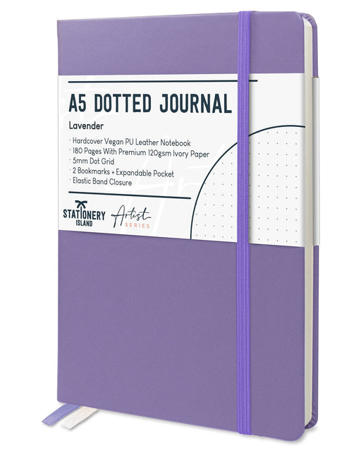 Purple A5 dotted journal with color swatches on a white background