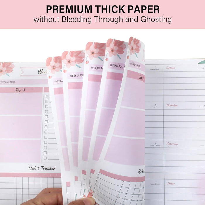 Undated Weekly Planner with Habit Tracker | 52-Week Spiral Notebook | Pink Floral Cover