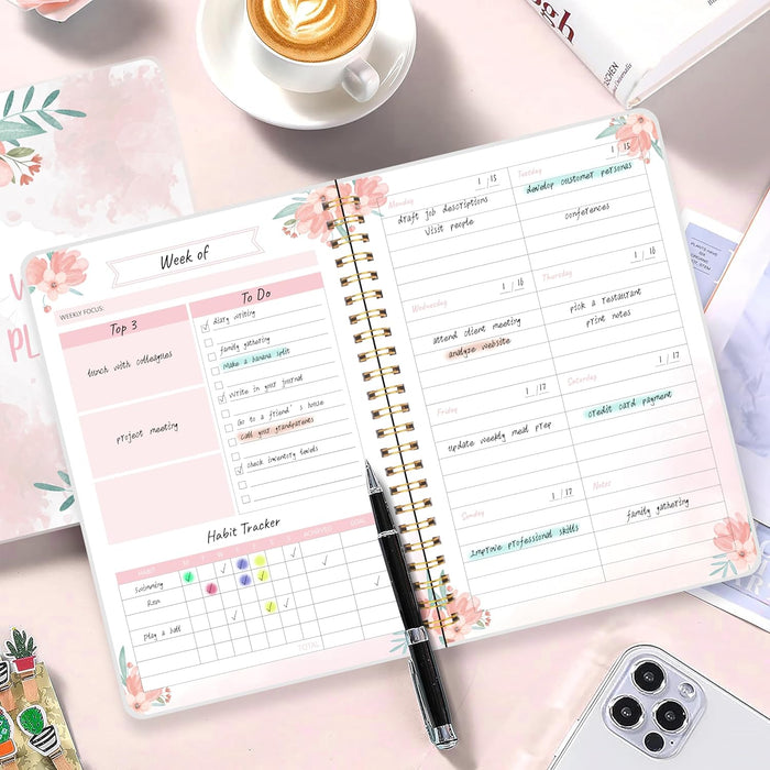 Undated Weekly Planner with Habit Tracker | 52-Week Spiral Notebook | Pink Floral Cover