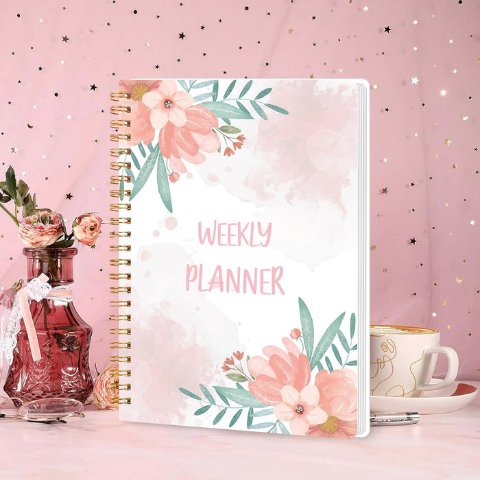 Undated Weekly Planner with Habit Tracker | 52-Week Spiral Notebook | Pink Floral Cover