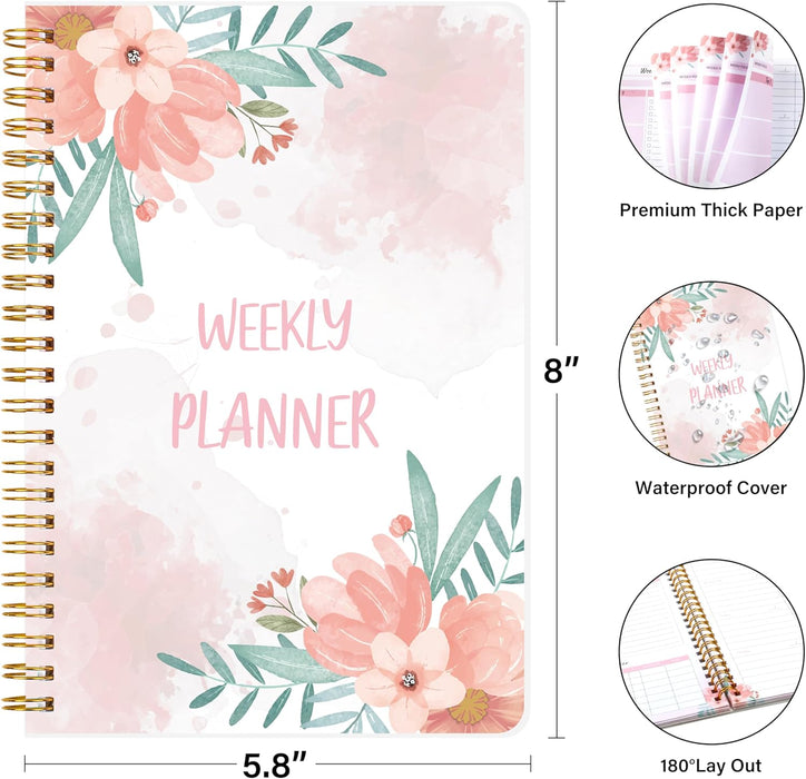 Undated Weekly Planner with Habit Tracker | 52-Week Spiral Notebook | Pink Floral Cover