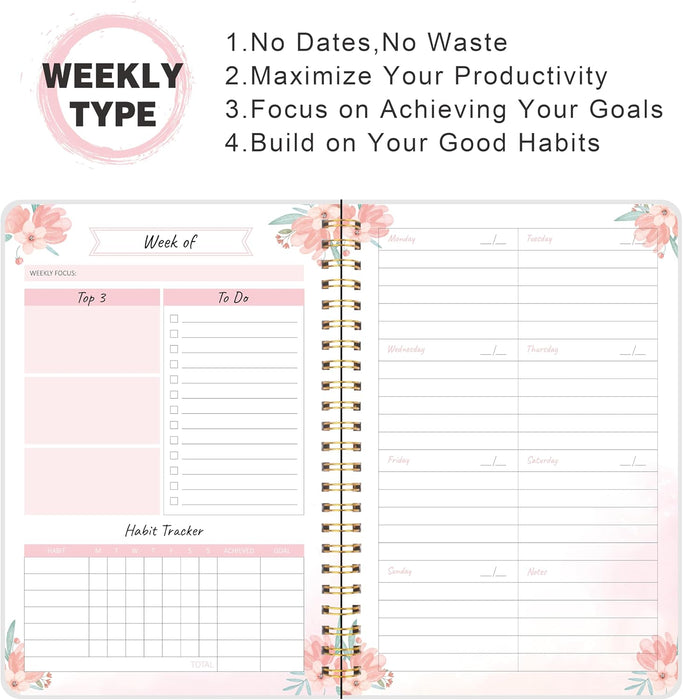 Undated Weekly Planner with Habit Tracker | 52-Week Spiral Notebook | Pink Floral Cover
