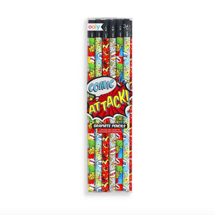OOLY Comic Attack Pencils | Set of 12 No.2 Graphite Pencils with Comic-Themed Designs