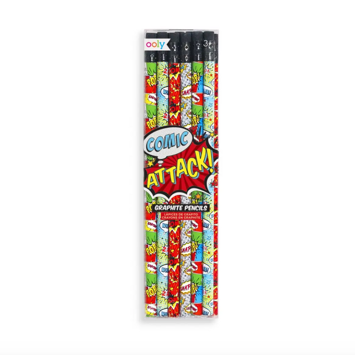 OOLY Comic Attack Pencils | Set of 12 No.2 Graphite Pencils with Comic-Themed Designs