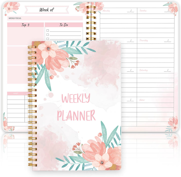 Undated Weekly Planner with Habit Tracker | 52-Week Spiral Notebook | Pink Floral Cover