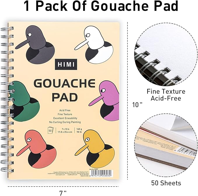 HIMI Gouache Pad 7 X 10 | 50 Sheets of 160gsm Textured Acid Free Paper for Gouache